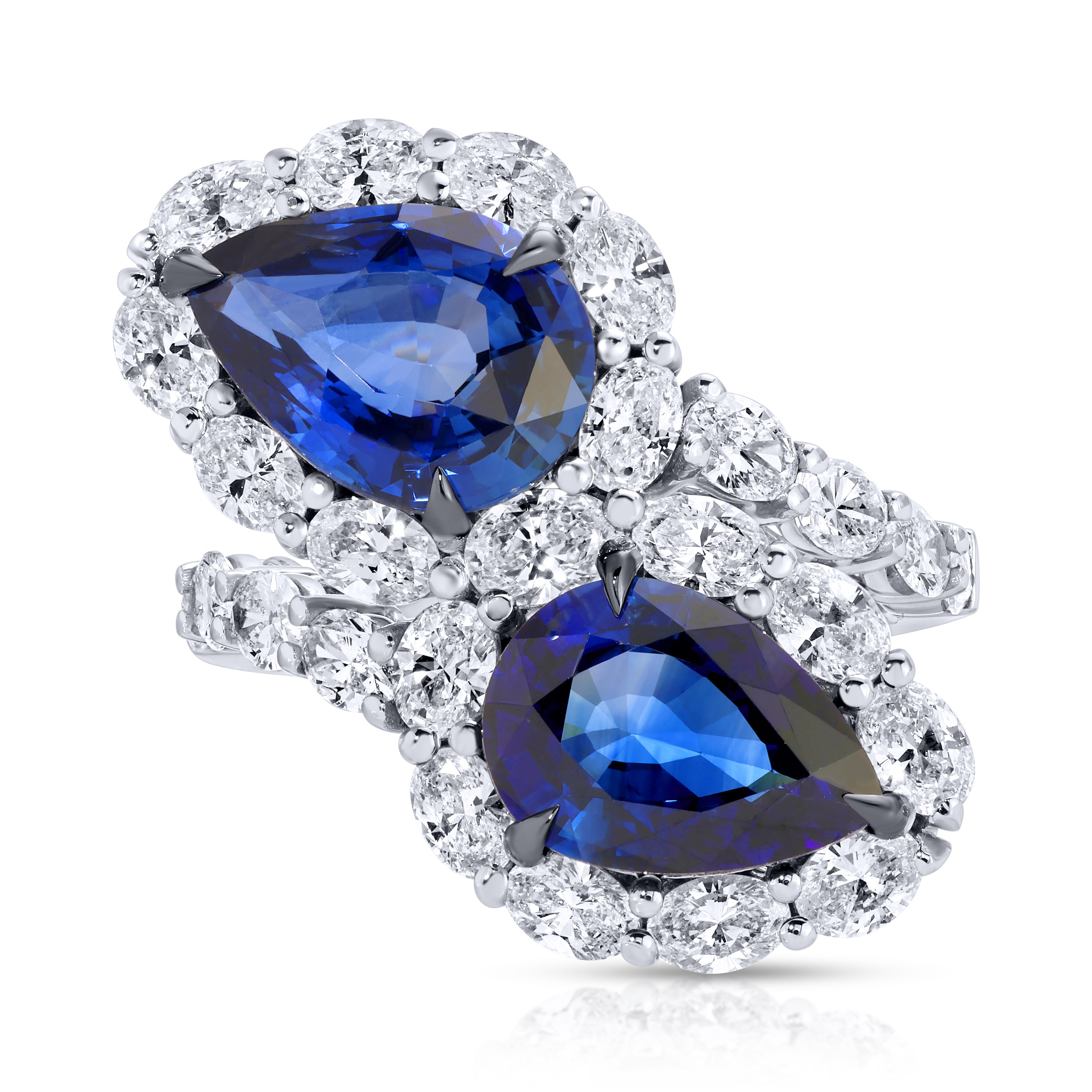 Pear Shape Blue Sapphire and Oval Cut Diamond Bypass Ring