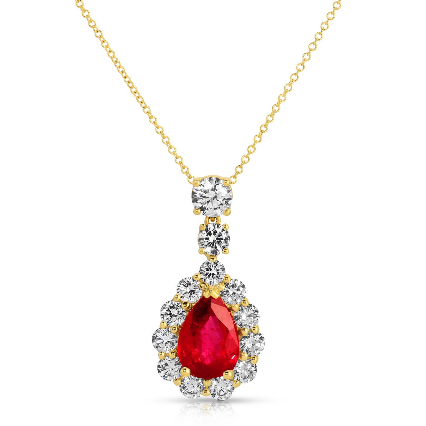 Pear Shape Ruby and Diamond Pendant in 18K Yellow Gold