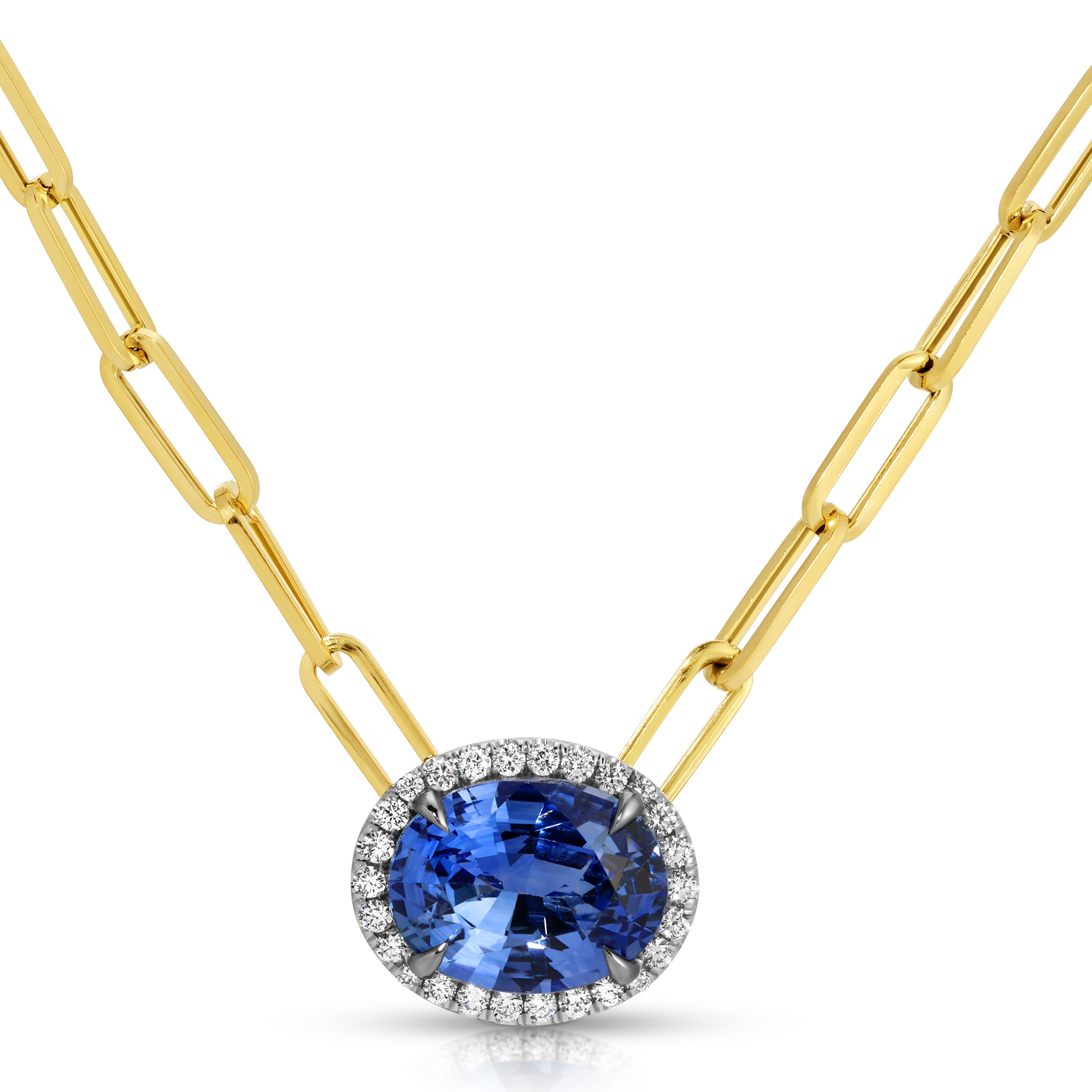 Oval Cut Blue Sapphire and Diamond Pendant on Paperclip Chain