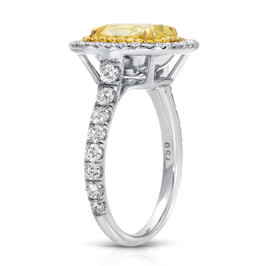 Cushion Cut Fancy Light Yellow Diamond and Halo Ring