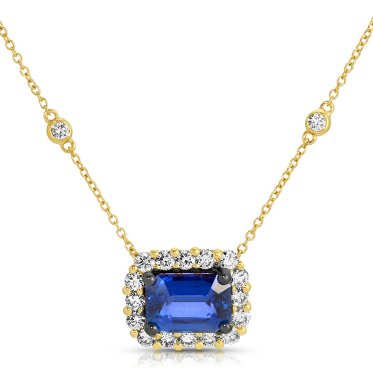Emerald Cut Blue Sapphire and Diamond Pendant