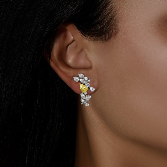 Pear Shape Fancy Yellow and Mix-Cut Diamond Huggie Earrings