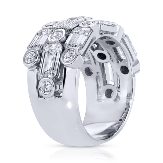 Emerald Cut and Round Diamond Three Layer Ring