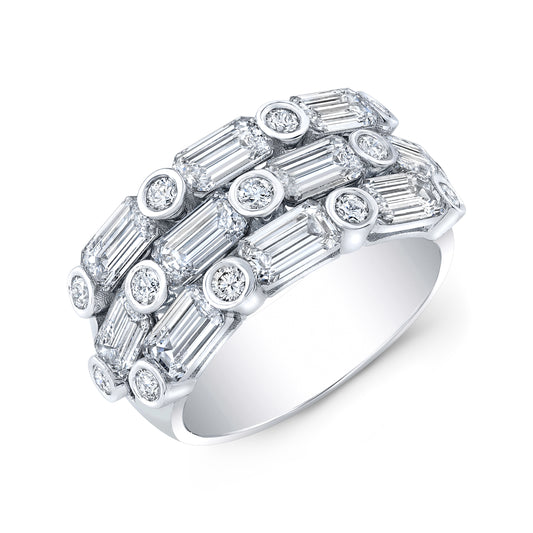 Emerald Cut and Round Diamond Three Layer Ring