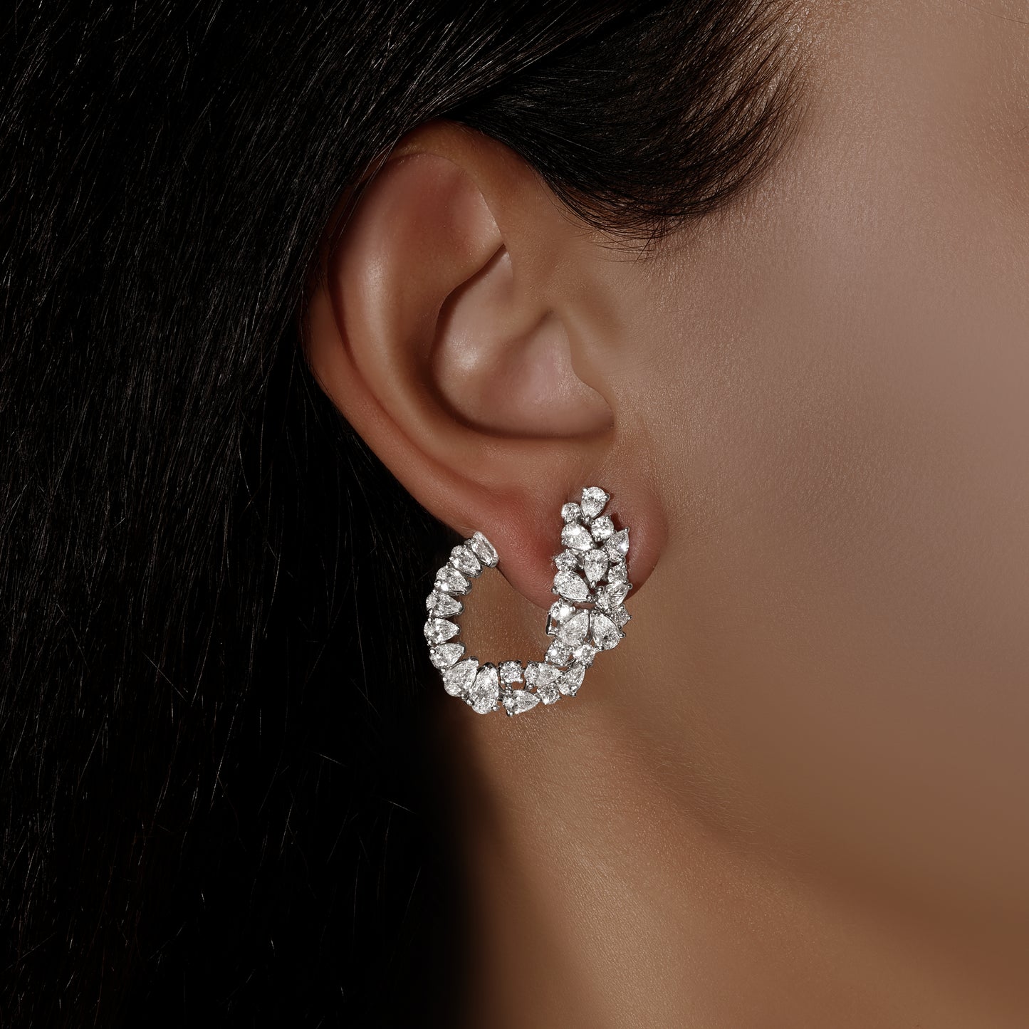 Pear and Round Cut Diamond Cluster Earrings