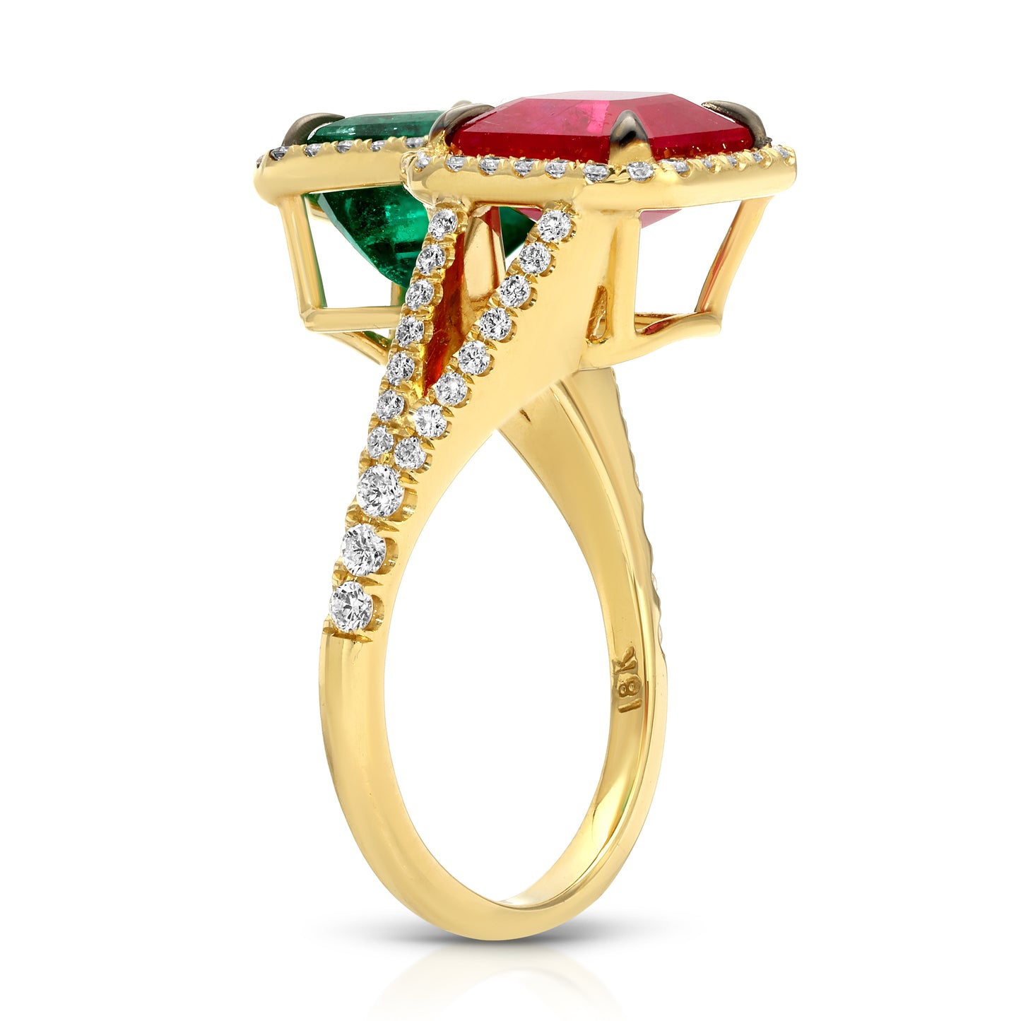 Emerald Cut Ruby and Green Emerald Diamond Bypass Ring
