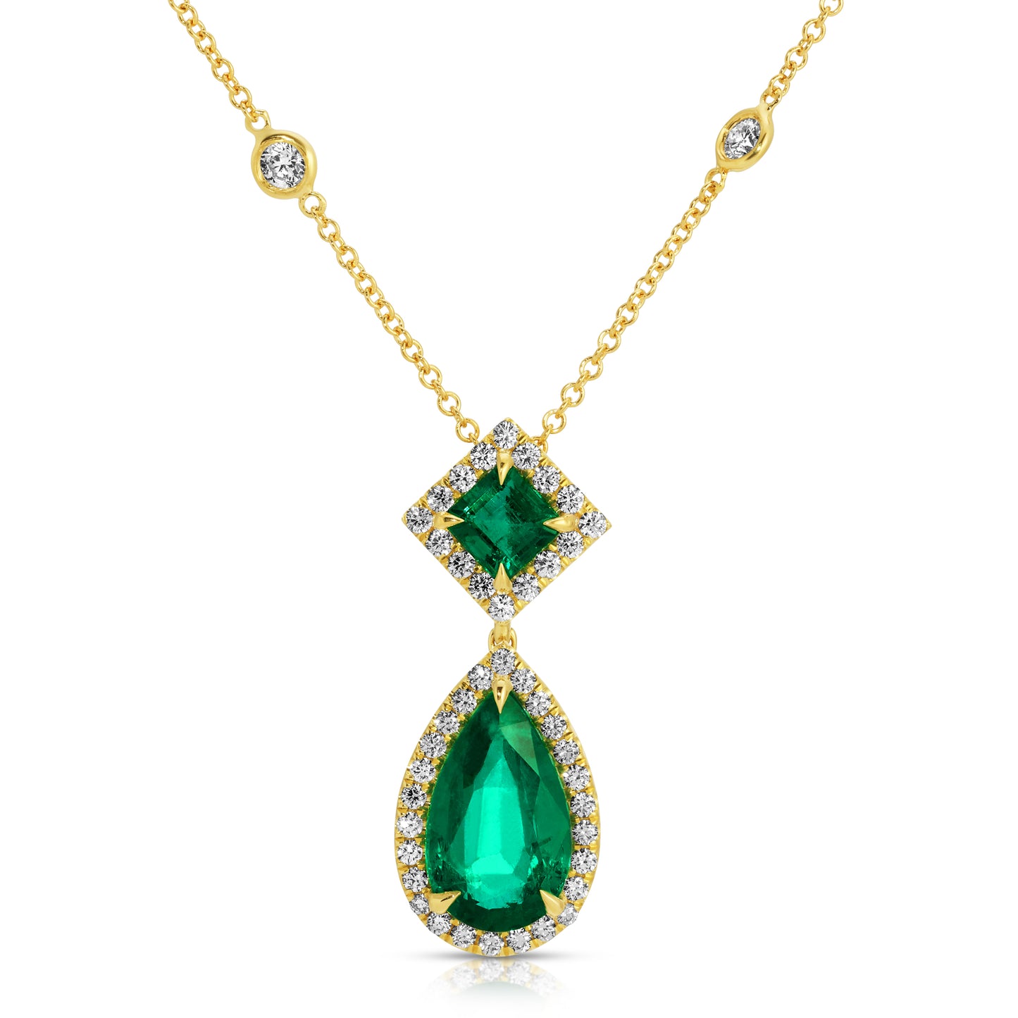 Pear Shape and Asscher Cut Green Emerald and Diamond Pendant