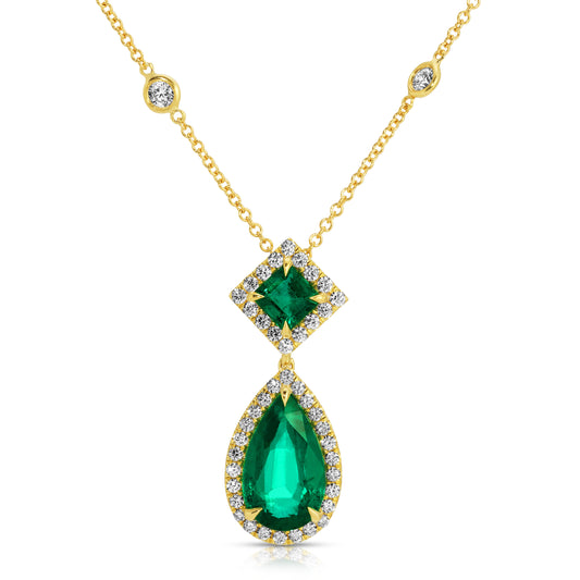Pear Shape and Asscher Cut Green Emerald and Diamond Pendant