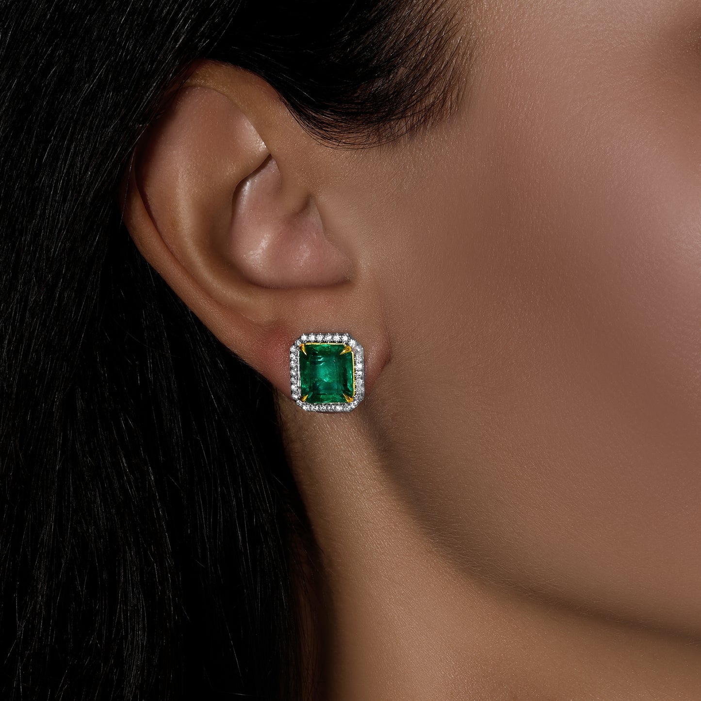 Emerald Cut Green Emerald and Round Diamond Stud Earrings