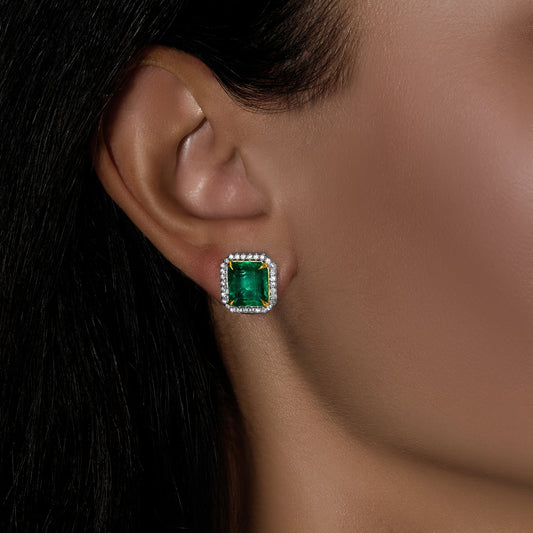 Emerald Cut Green Emerald and Round Diamond Stud Earrings