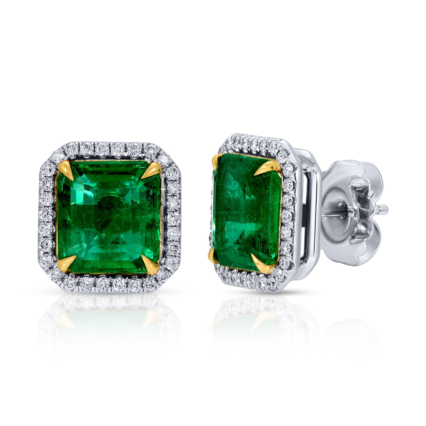 Emerald Cut Green Emerald and Round Diamond Stud Earrings