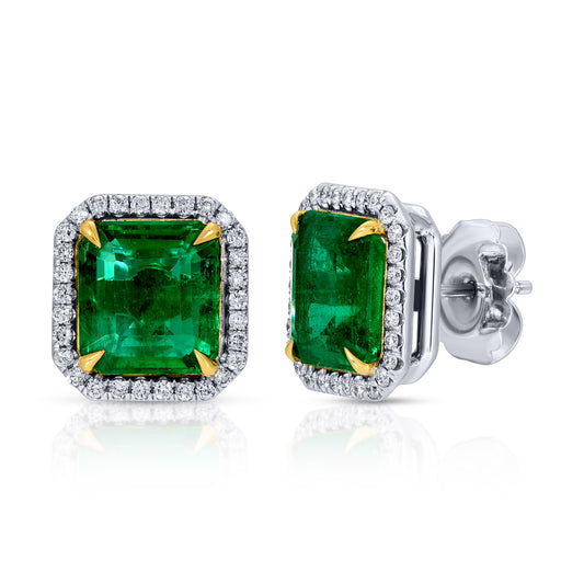 Emerald Cut Green Emerald and Round Diamond Stud Earrings