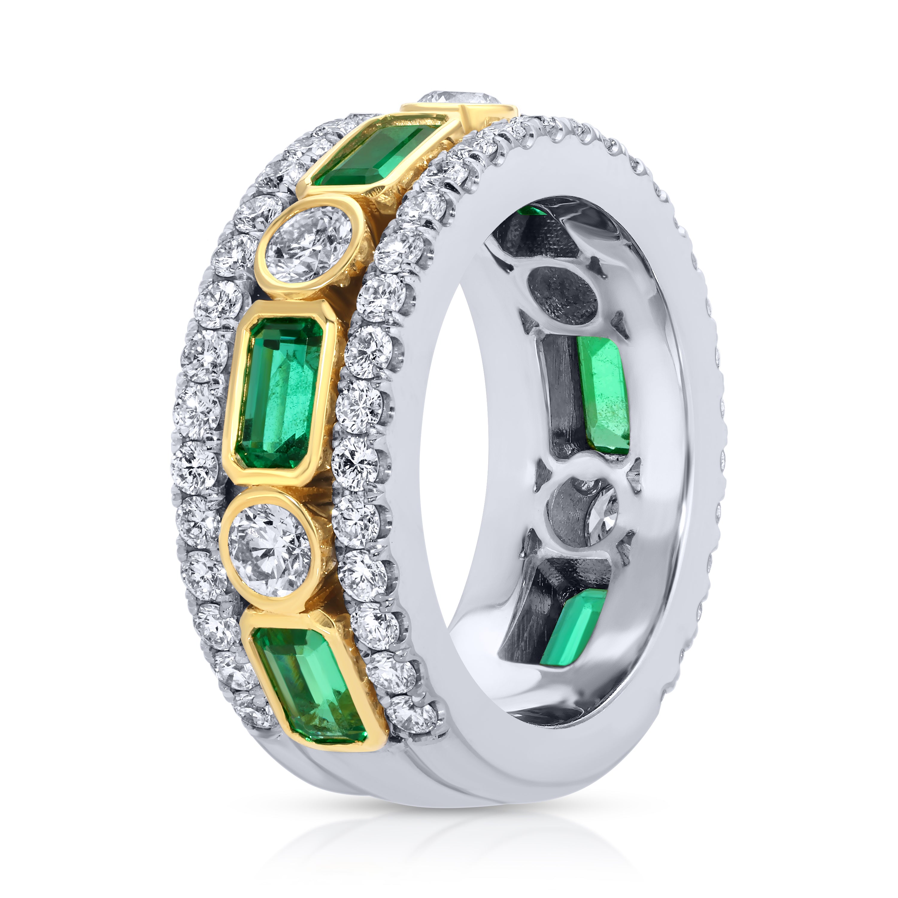 Bezel Set Emerlad Cut Green Emerald and Round Diamond Ring