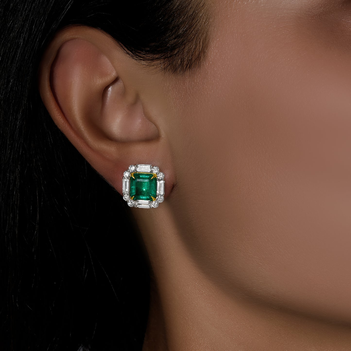 Square Emerald Cut Green Emerald and Baguette Diamond Earrings