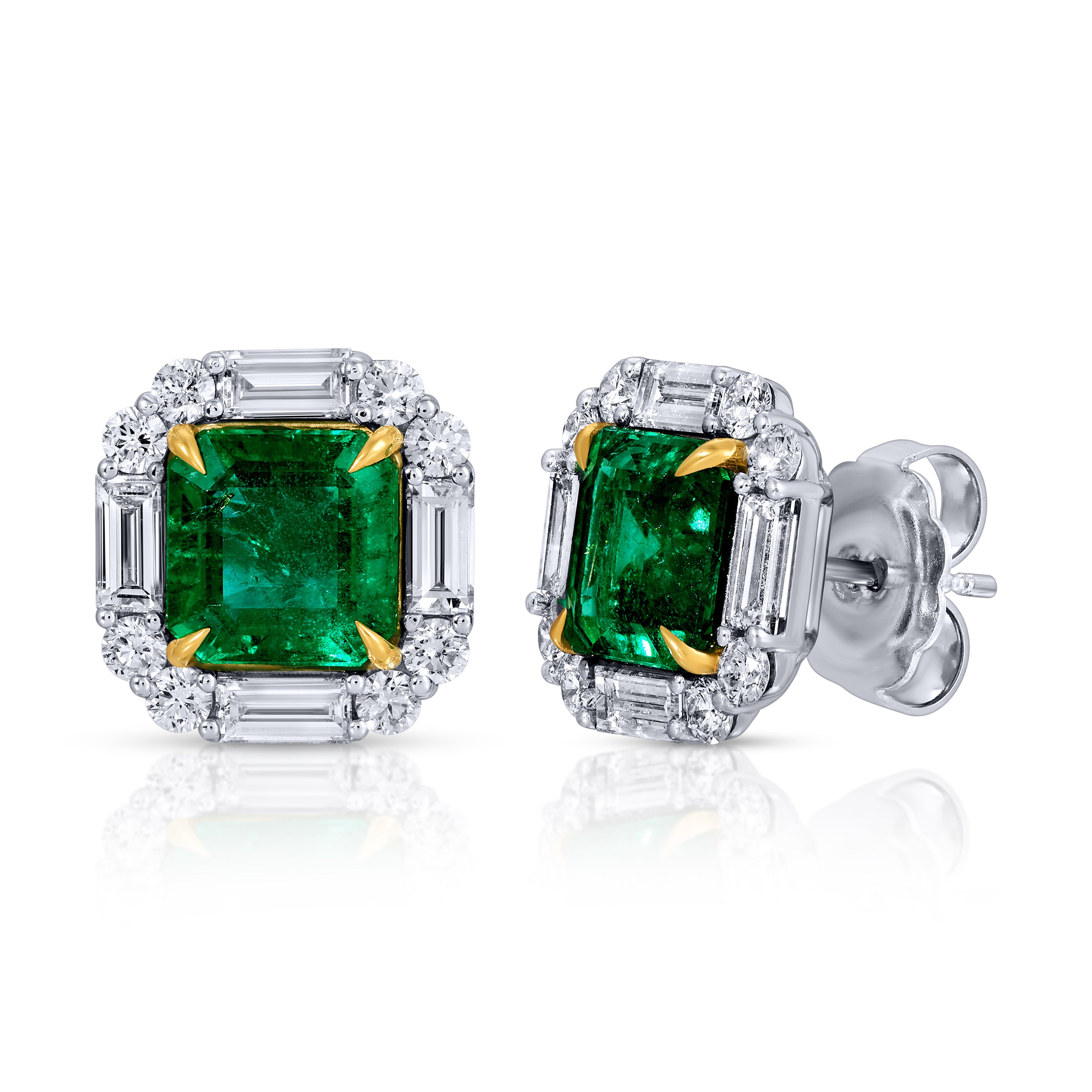 Square Emerald Cut Green Emerald and Baguette Diamond Earrings