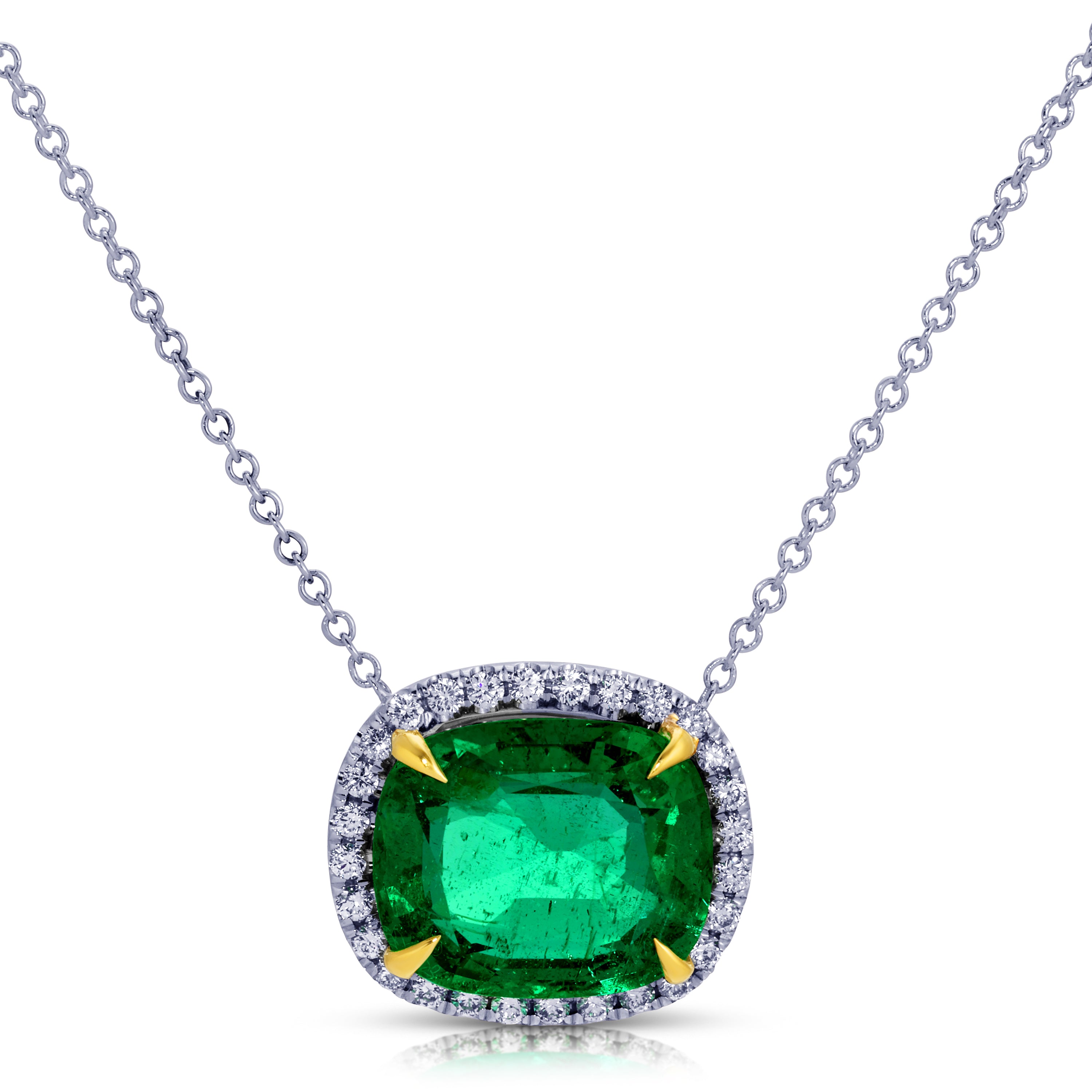 Cushion Cut Green Emerald and Diamond Pendant