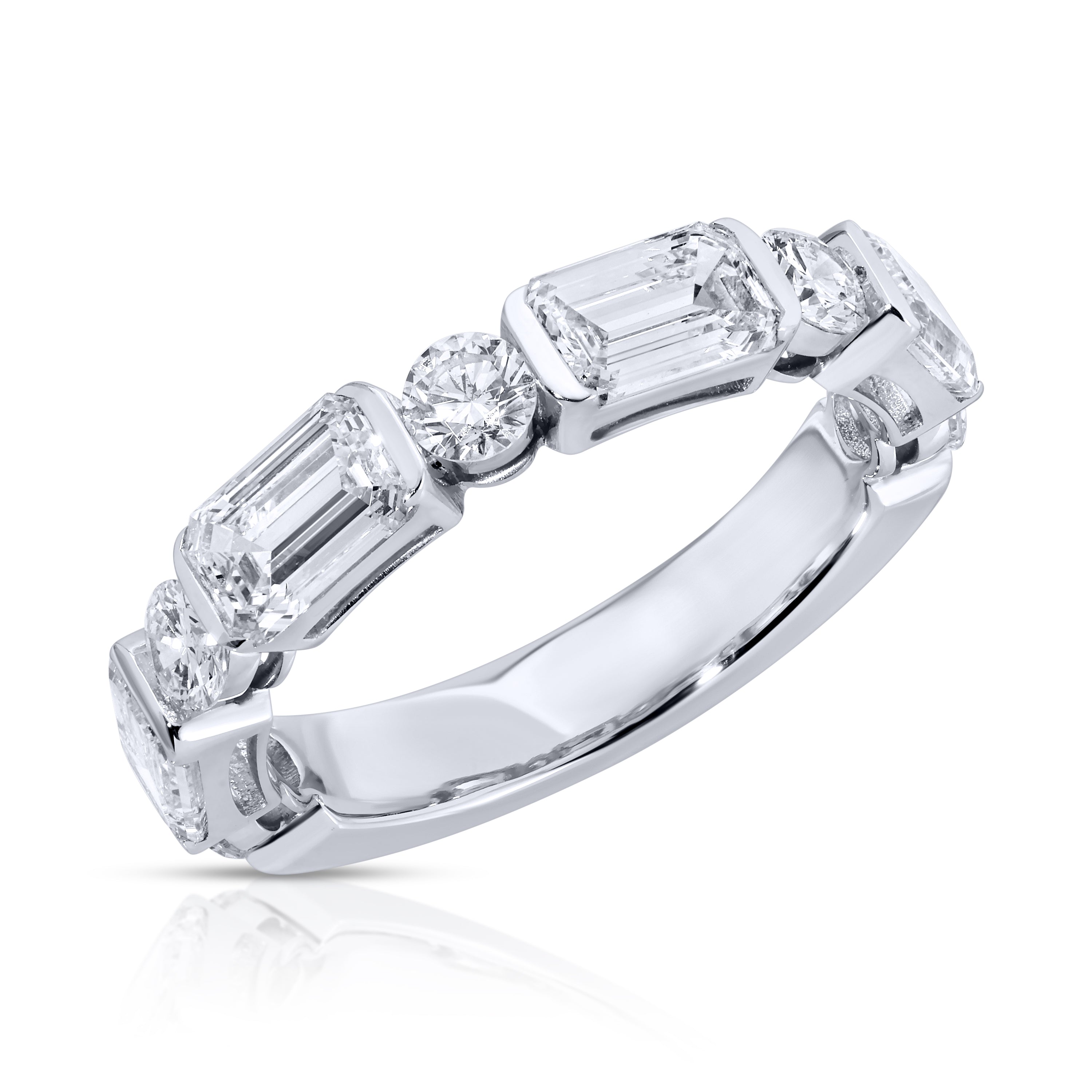 East-West Set Emerald Cut and Round Diamond Band Ring