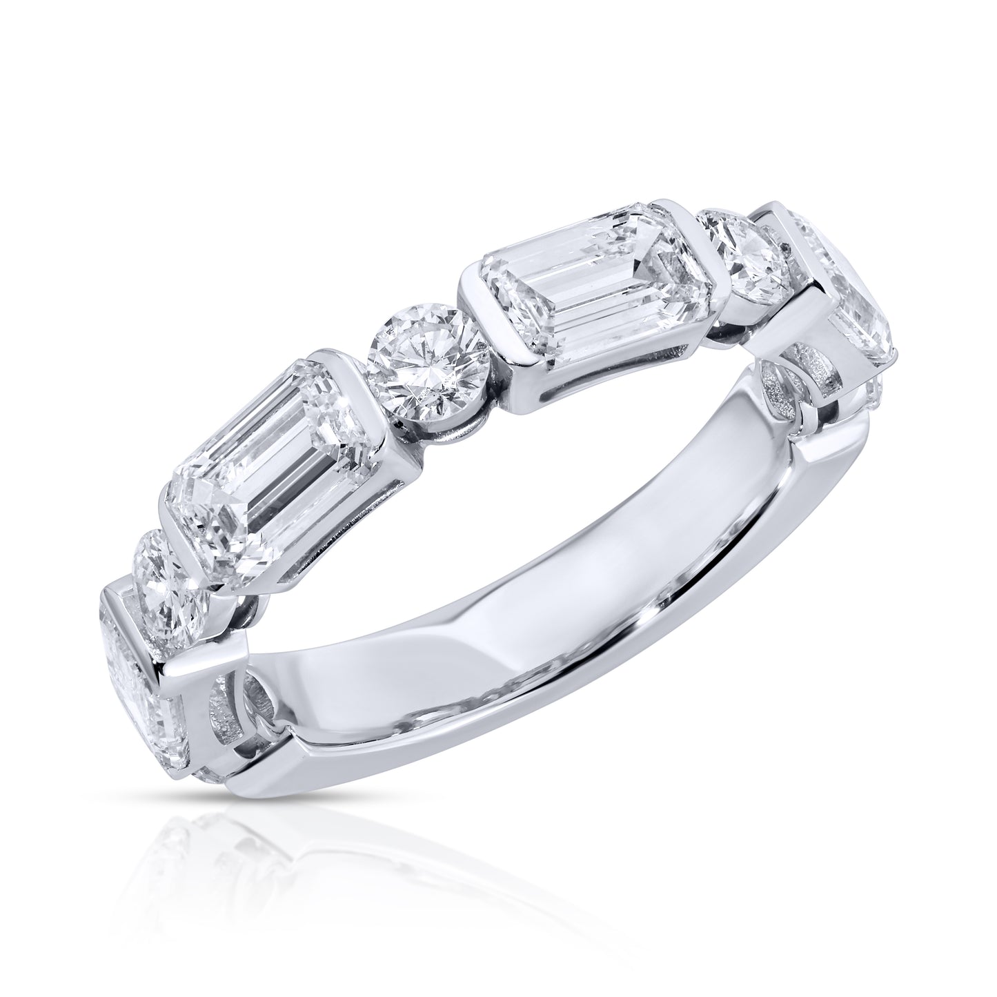 East-West Set Emerald Cut and Round Diamond Band Ring