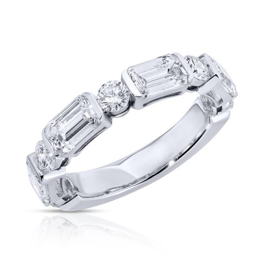 East-West Set Emerald Cut and Round Diamond Band Ring