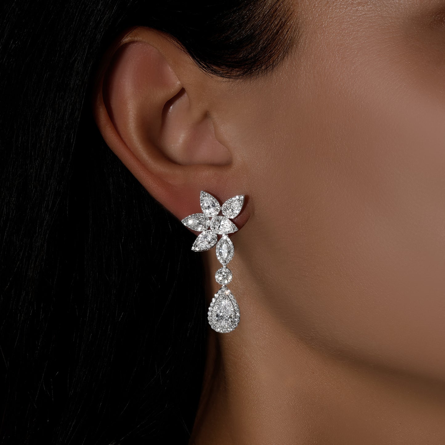Marquise and Pear Shape Floral Diamond Drop Earrings