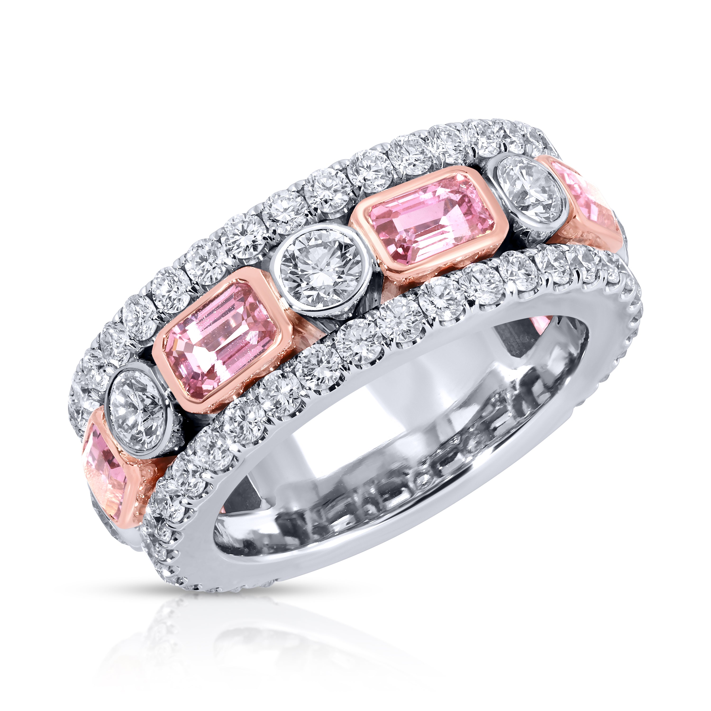 Emerald Cut Pink Sapphire and Round Diamond Band Ring