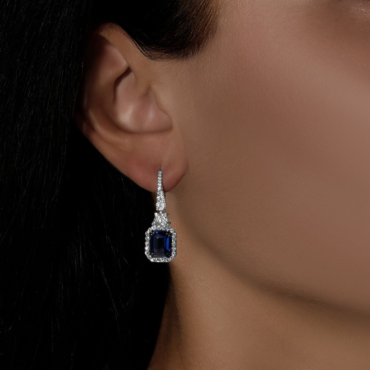 Emerald Cut Blue Sapphire and trapezoid Diamond Drop Earrings
