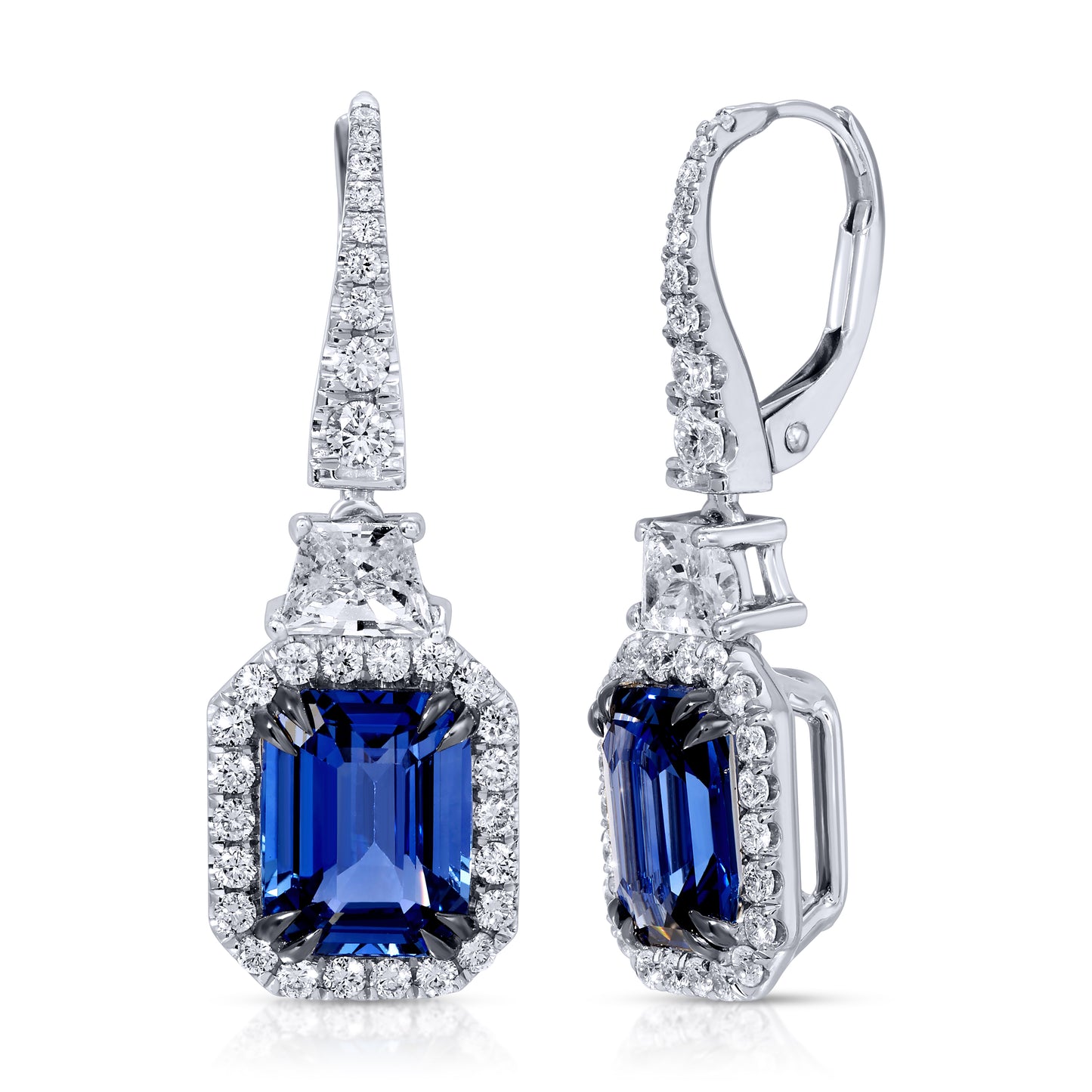 Emerald Cut Blue Sapphire and trapezoid Diamond Drop Earrings