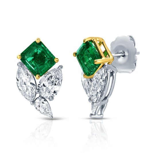 Emerald Cut Green Emerald and Diamond Earrings