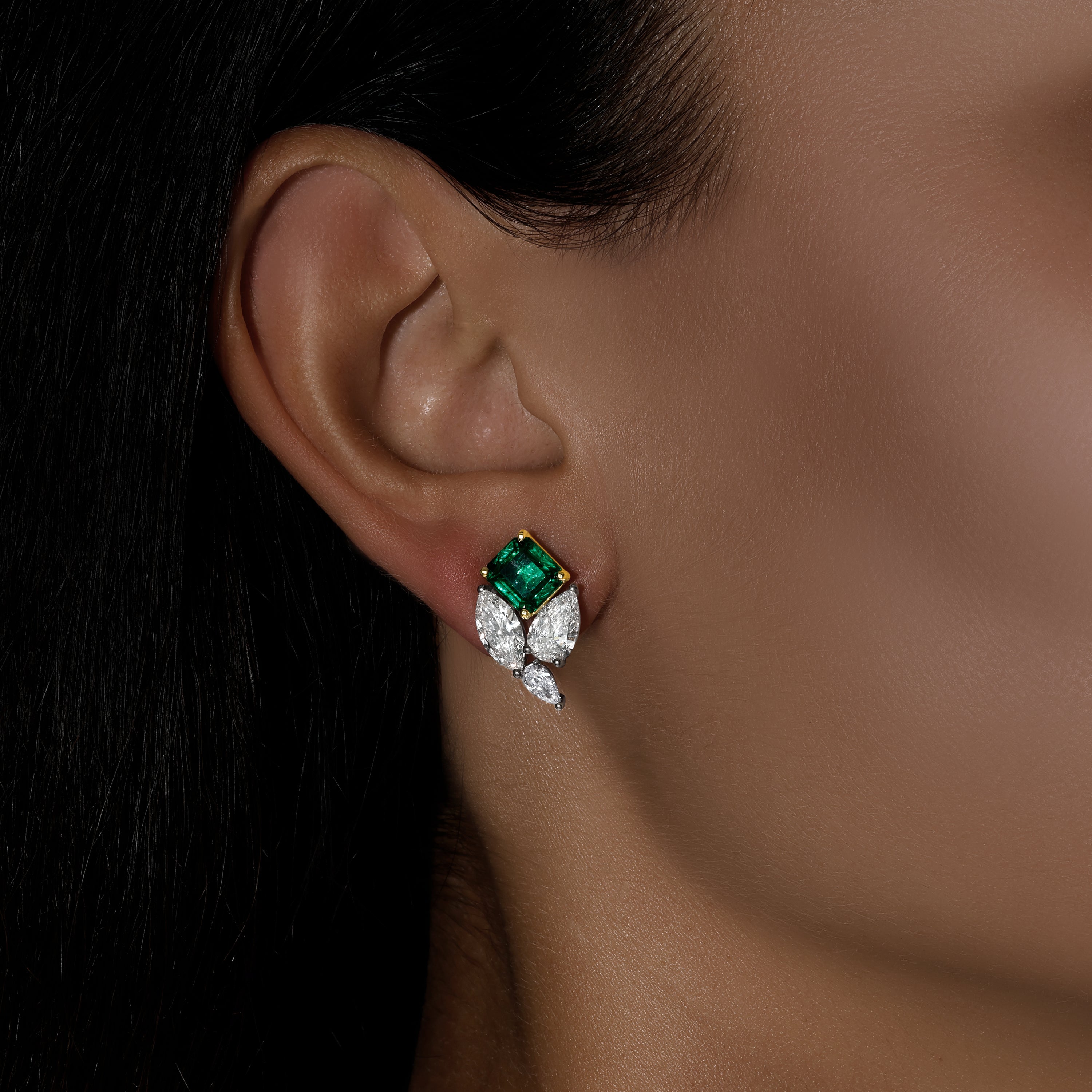 Emerald Cut Green Emerald and Diamond Earrings