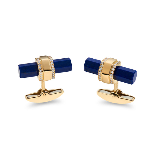 18K Yellow Gold Lapis & Diamond Hexagonal Cufflinks