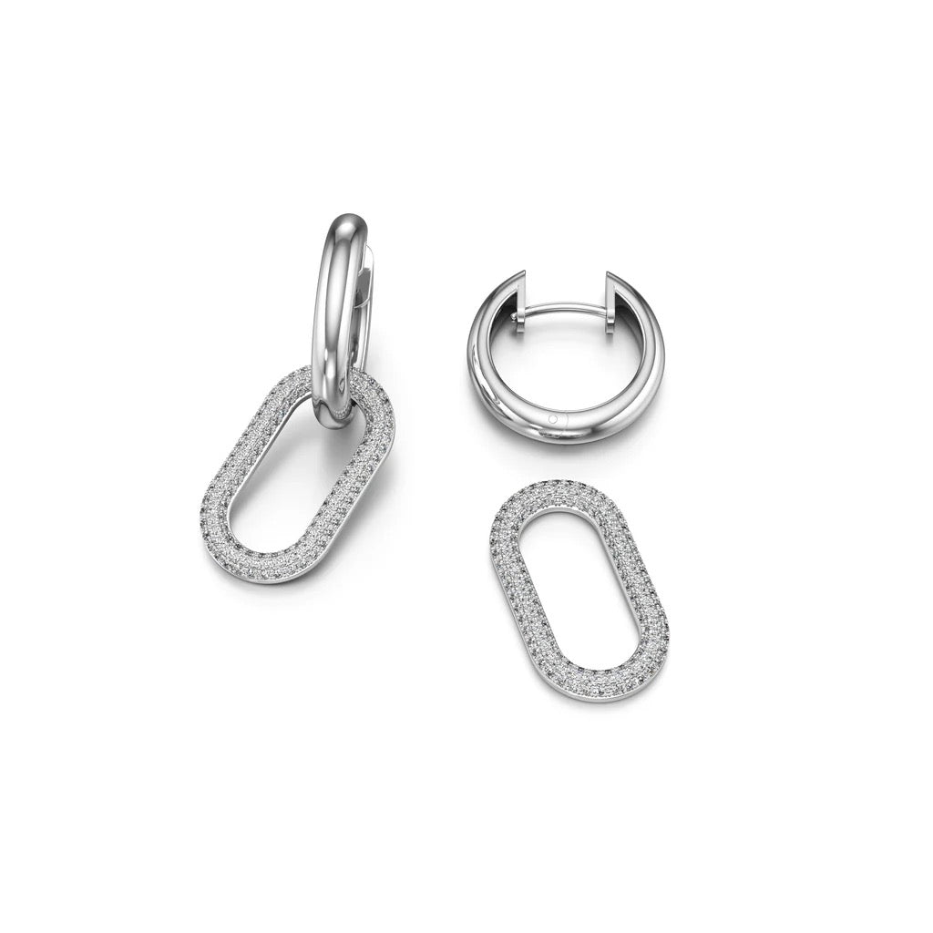 White Gold and Diamond Pave Link Paperclip Earrings