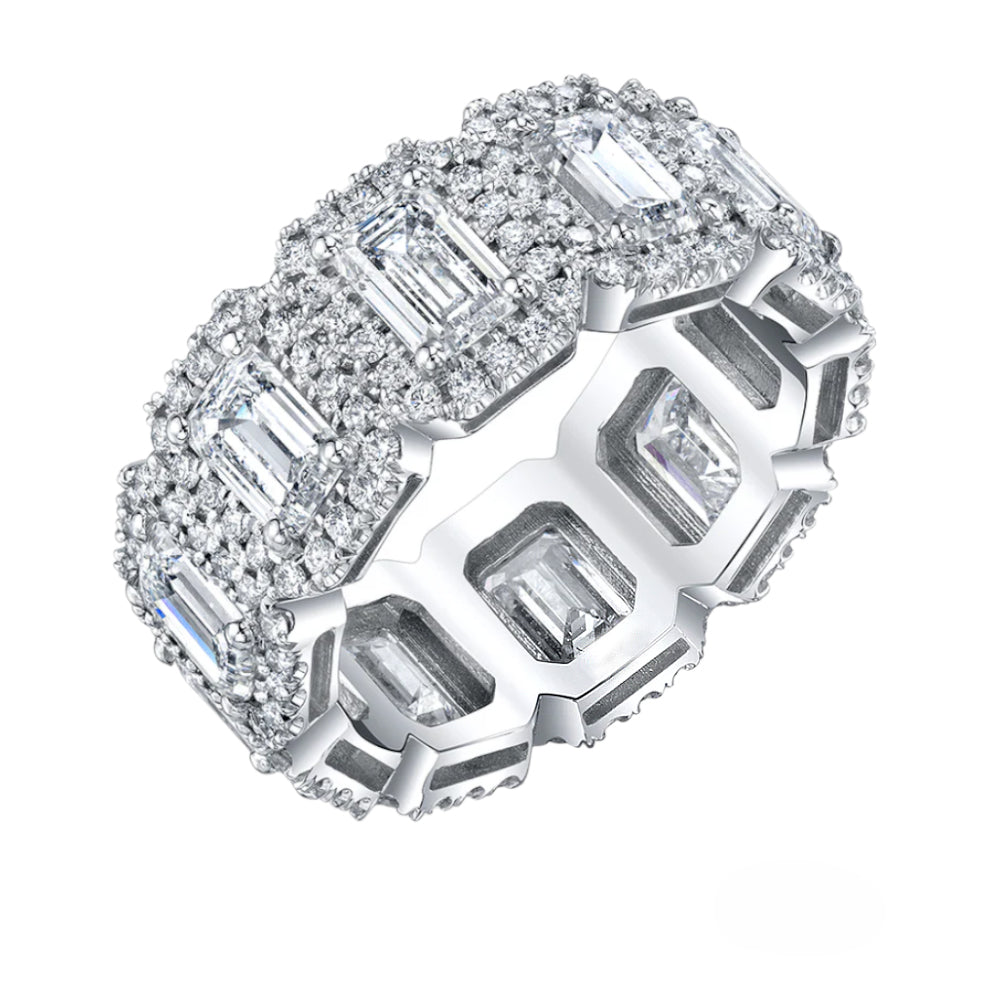 Emerald Cut Diamond Eternity Band with Pavé Halo