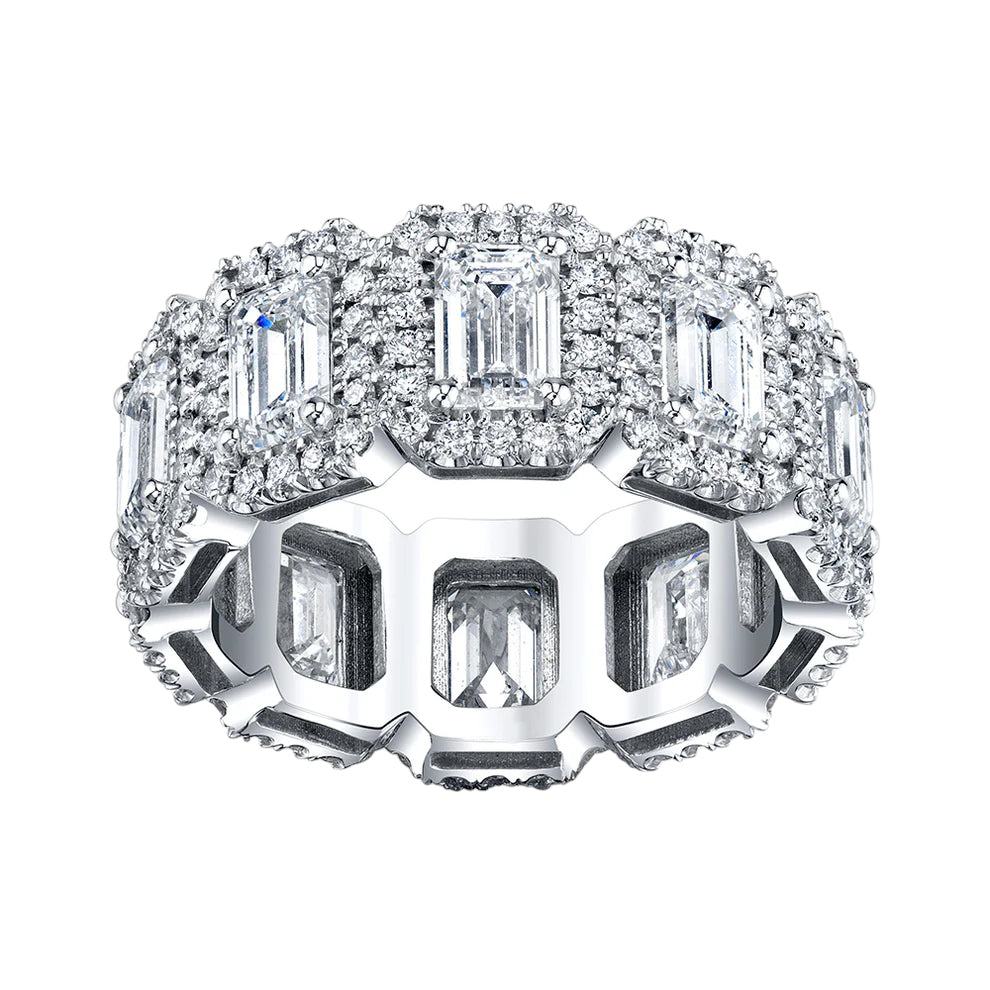 Emerald Cut Diamond Eternity Band with Pavé Halo