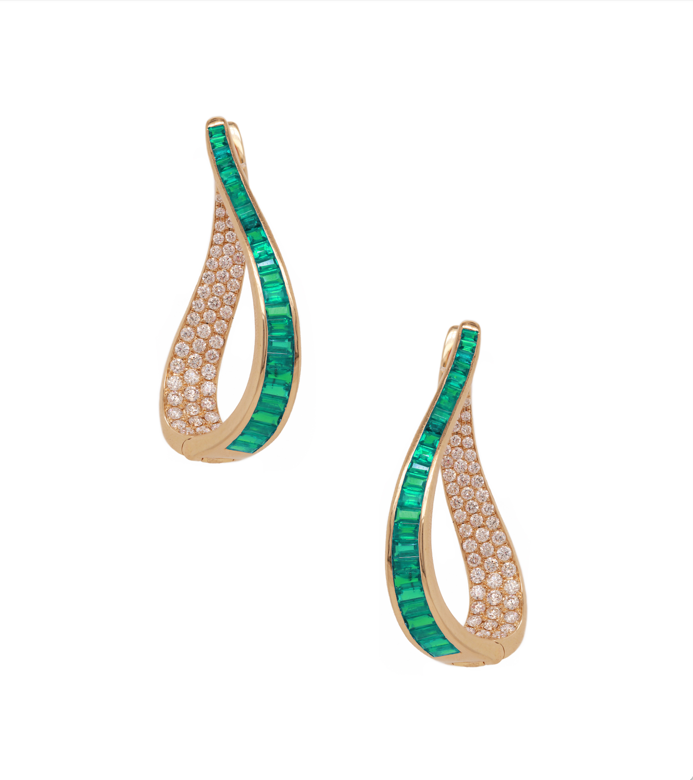 Yellow Gold Emerald and Diamond Hoop Earrings
