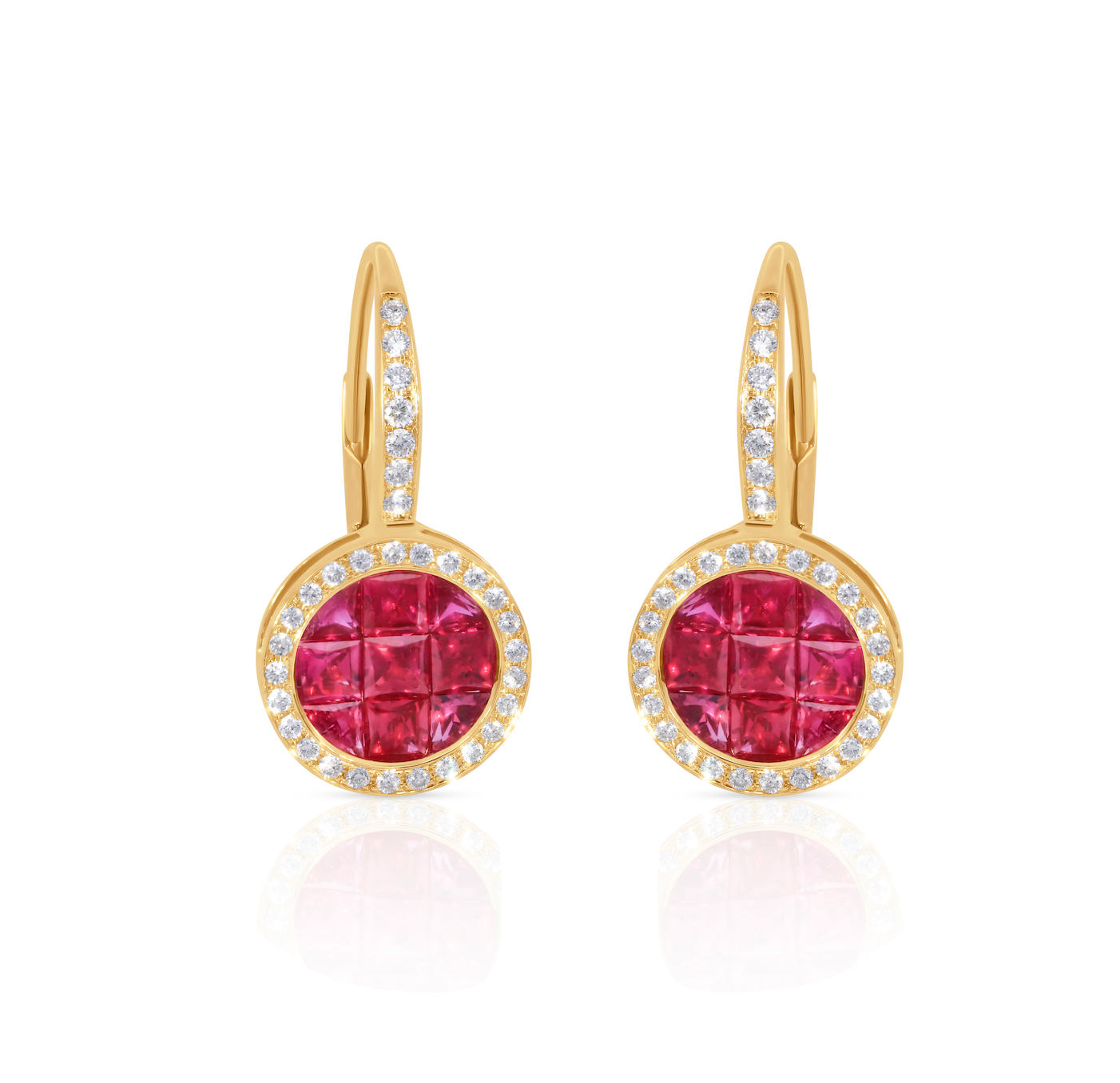 Ruby Earrings with Diamond Halo in 14K Yellow Gold