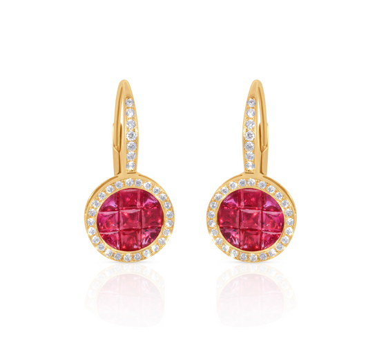 Ruby Earrings with Diamond Halo in 14K Yellow Gold