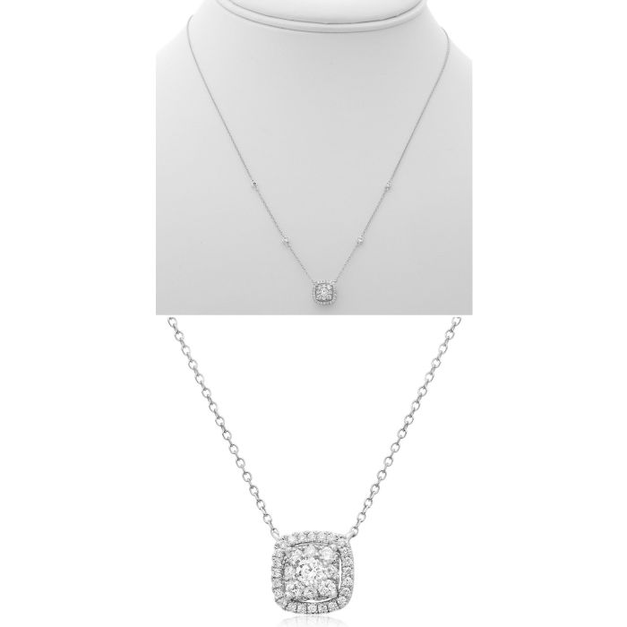White Gold Diamond Cluster Halo Necklace