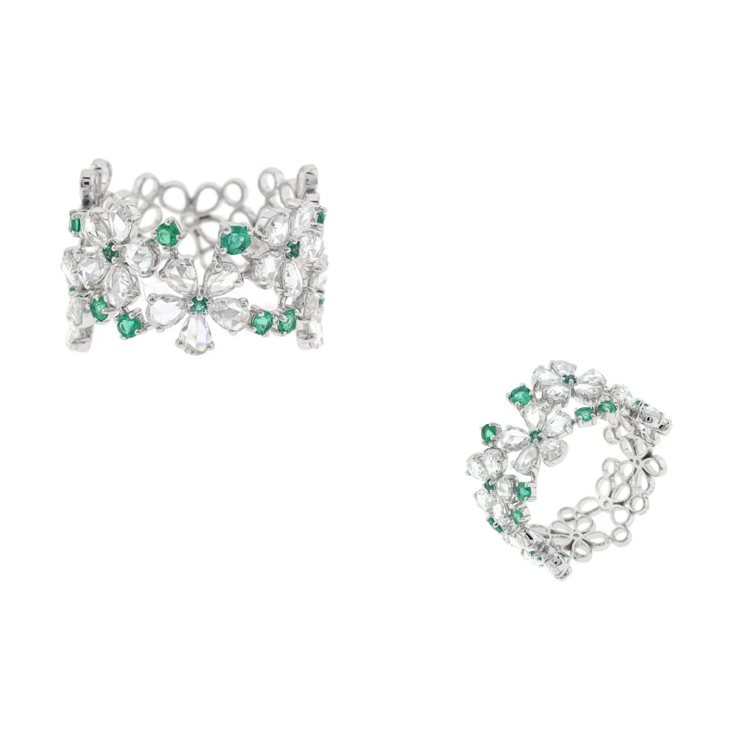 18K White Gold Emerald and Diamond Floral Ring