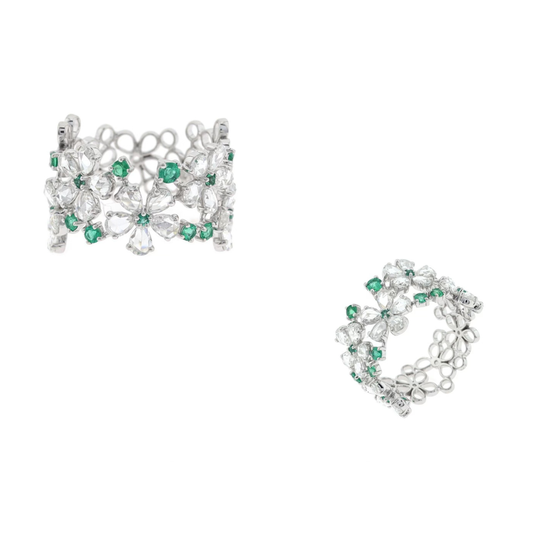 18K White Gold Emerald and Diamond Floral Ring