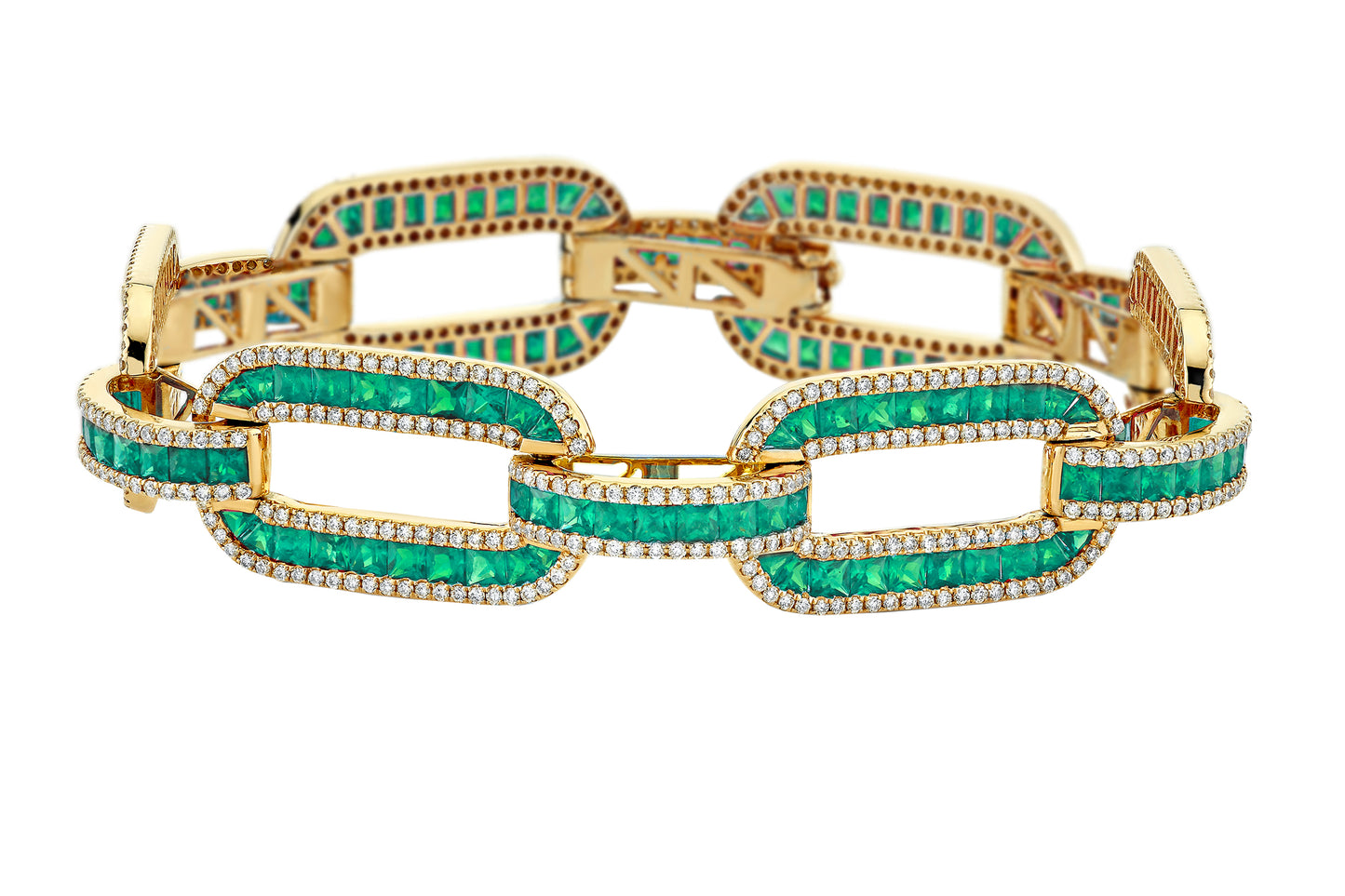 Yellow Gold Bracelet with Princess Emeralds and Round Diamonds