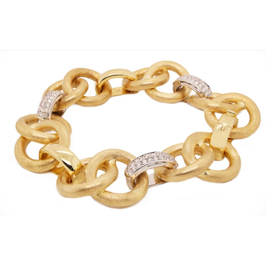 Brushed Round Link Yellow Gold and Diamond Bracelet