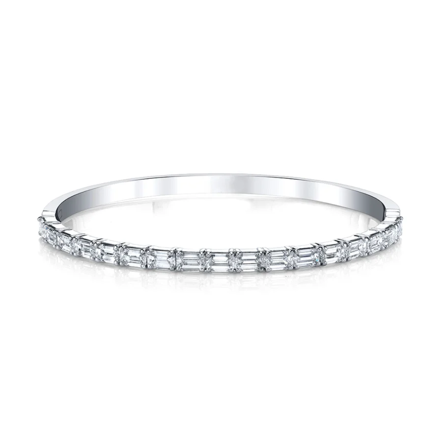 East - West Emerald Cut Diamond Bangle in 18K White Gold -