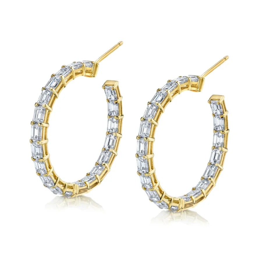 Emerald Cut Diamond Hoop Earrings in Yellow Gold - Womens