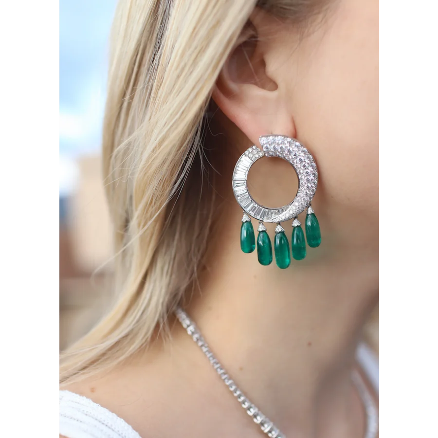 Platinum Chandelier Emerald and Diamond Earrings - women’s