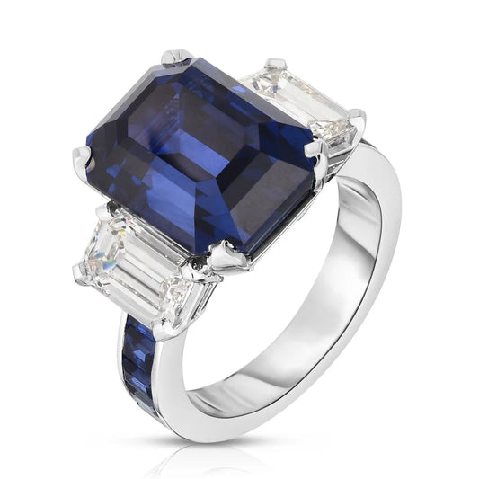 Platinum Emerald Cut Sapphire and Diamond Ring - women’s