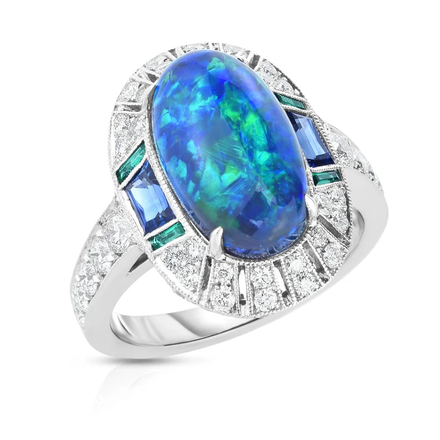 Platinum Opal Sapphire Diamond and Emerald Ring - women’s