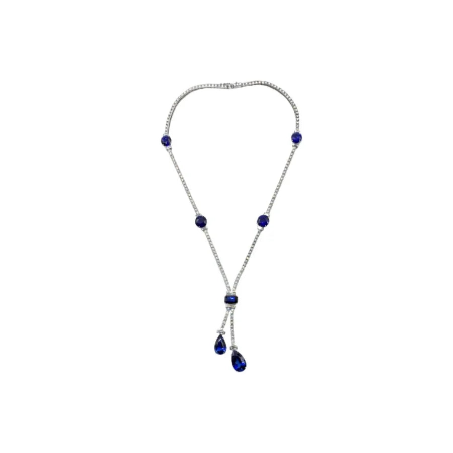 Platinum Sapphire and Diamond Drop Necklace - womens
