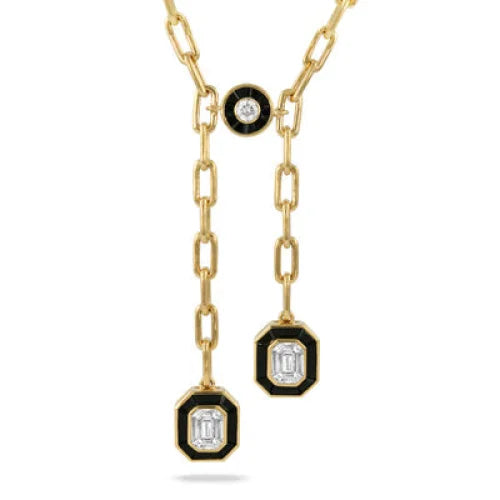 Yellow Gold Diamond Lariat Necklace with Onyx - womens